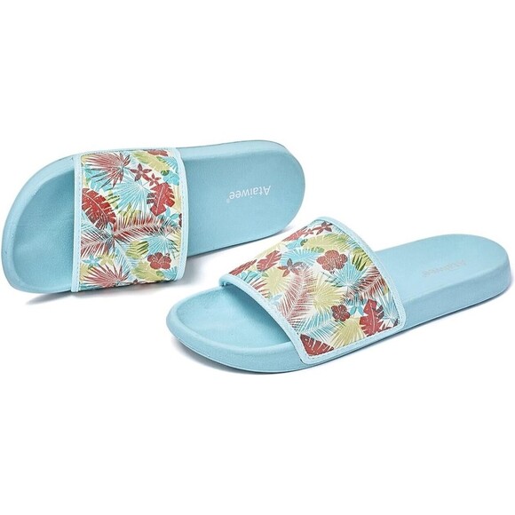 Women Slide Sandal Size 8 Slip On Floral Blue New - Picture 2 of 7
